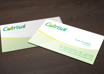- Cartões de Visita impressos para Cotrisal: em papel couché brilho 300g, com impressão 4x0 cores, tamanho 9x5cm.