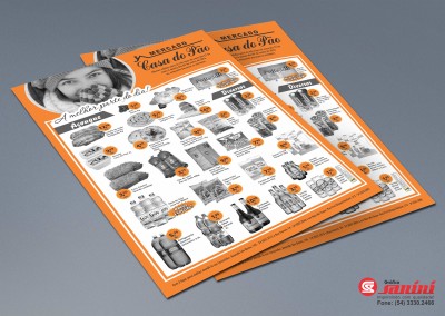 - Encartes promocionais impressos para Mercado Casa do Pão em papel couchê brilho 90g, impressão 2x2 cores, tamanho 28.5x40.5 cm.